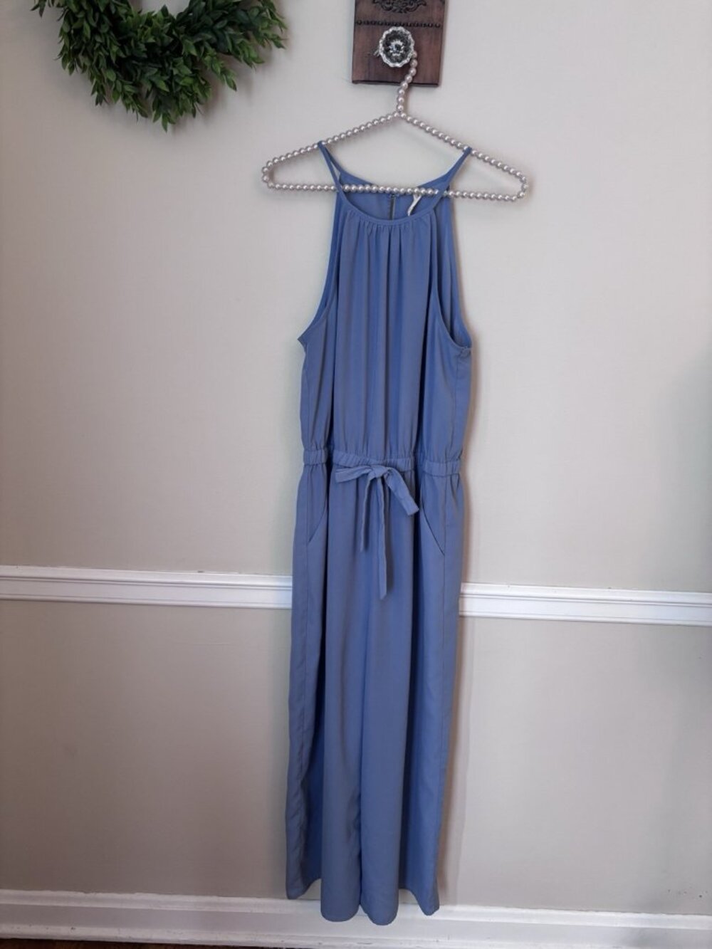 Kingston Grey Womens Size Large Jumpsuit Blue Sleeveless Pockets Belted Cropped